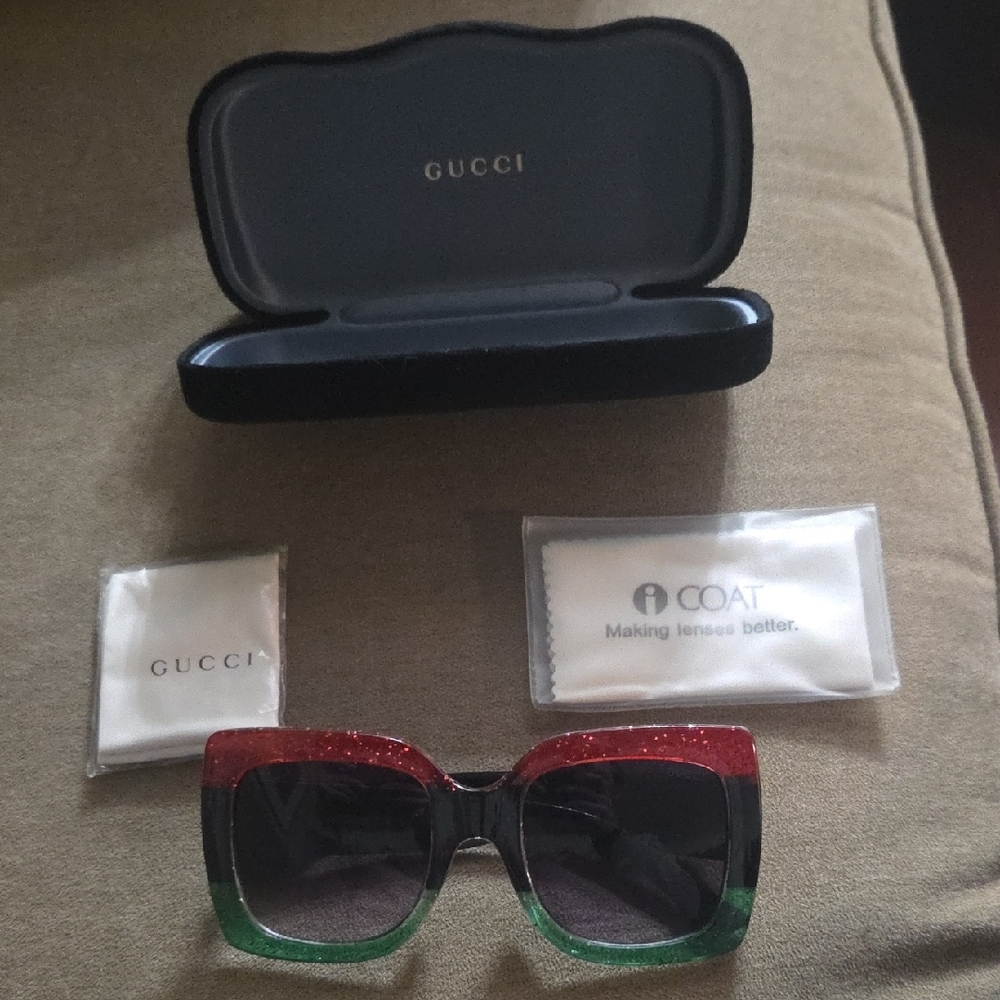 Gucci Women's Glitter Ombre Red to Green Square Sunglasses with Dark Lenses